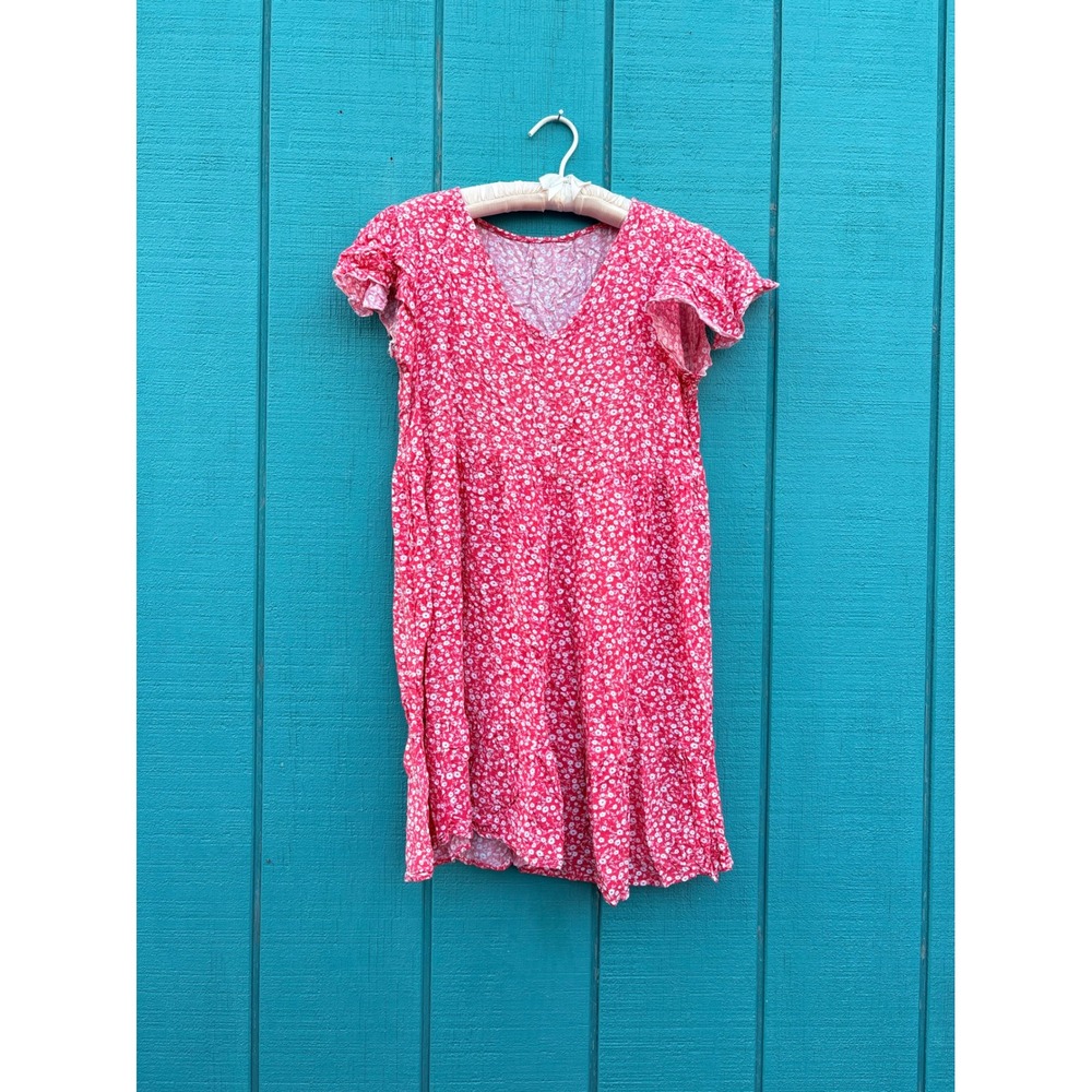 Womens Red Ditsy Floral V-Neck Flutter Sleeve Babydoll Mini Dress Casual Summer - Picture 1 of 4